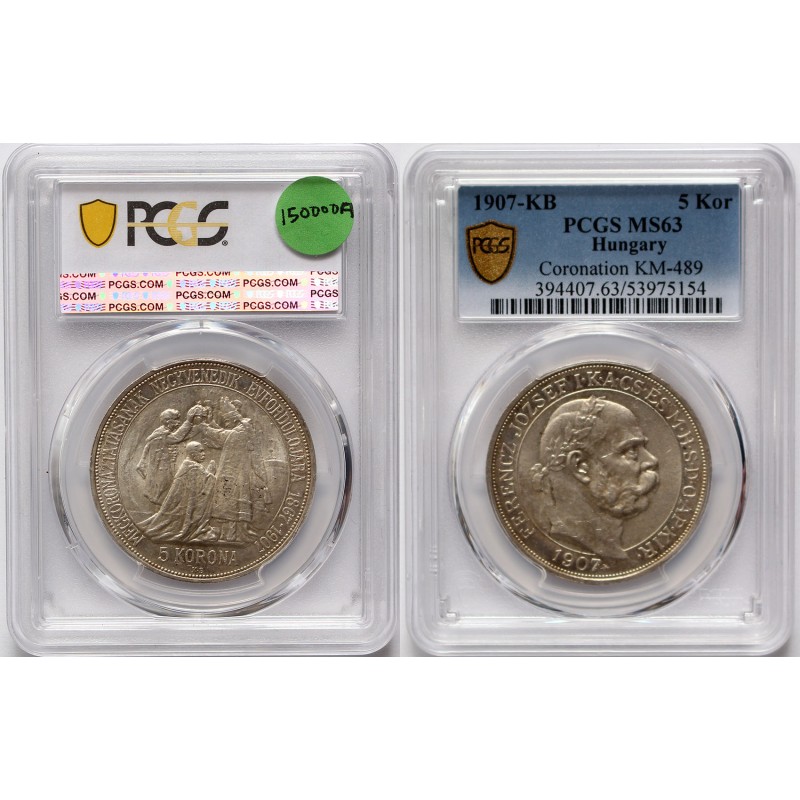 Ferenc József 5 korona Koronázási 1907 KB PCGS MS63